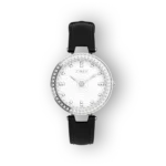 Timex női óra, ezüst és gyönyörű kövekkel díszített kerettel, fehér számlap, fekete bőrszíjjal.
