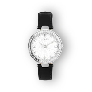 Timex női óra, ezüst és gyönyörű kövekkel díszített kerettel, fehér számlap, fekete bőrszíjjal.