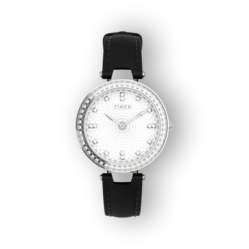 Timex női óra, ezüst és gyönyörű kövekkel díszített kerettel, fehér számlap, fekete bőrszíjjal.
