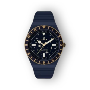 Sötétkék óraszámlap, arany színű mutatók és keret, gumis pánt, csillagmotívumokkal díszítve. Timex quartz óra.