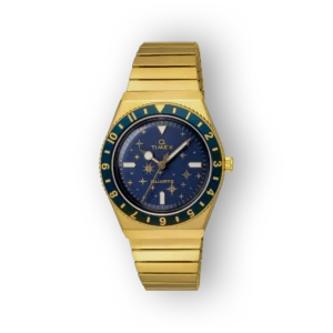 Arany színű Timex karóra, sötétkék számlap csillagokkal, zöld számokkal és szíjjal. Modern, elegáns dizájn, quartz mechanizmus.