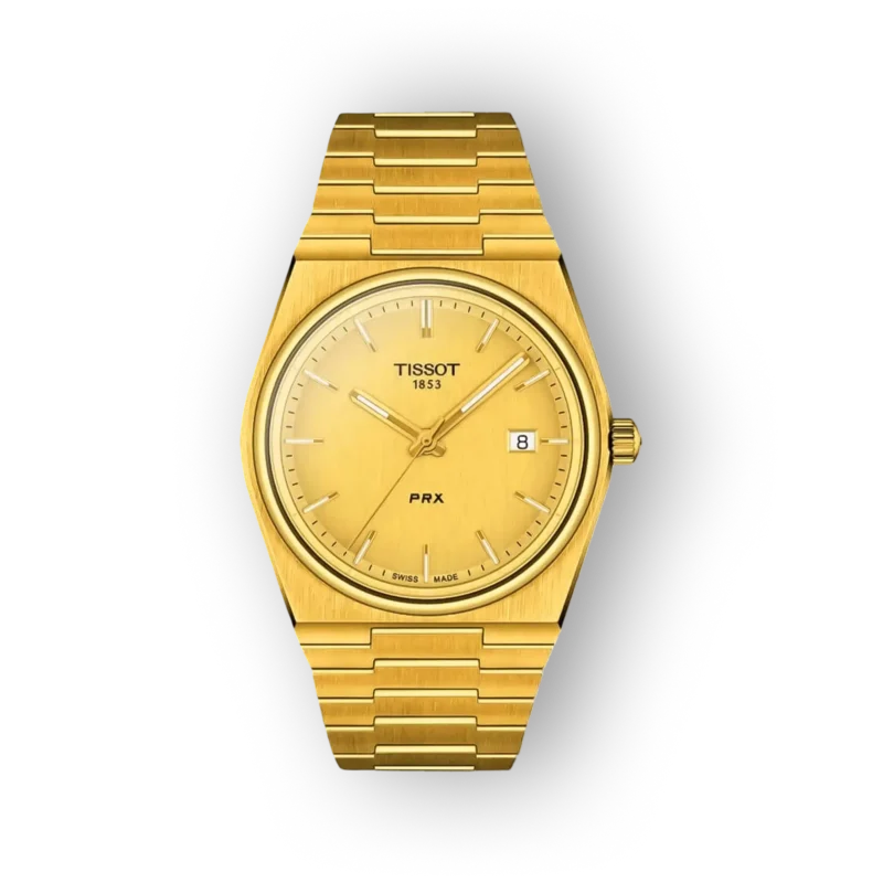 Aranyszínű Tissot PRX karóra, fényes számlappal, dátum kijelzővel és aranysávos, klasszikus kialakítással.