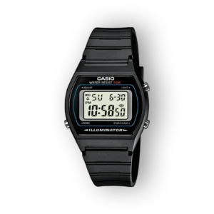 Fekete, digitális Casio karóra, vízálló 50 m, világító funkcióval, LCD kijelzővel és díszítő kék kerettel.