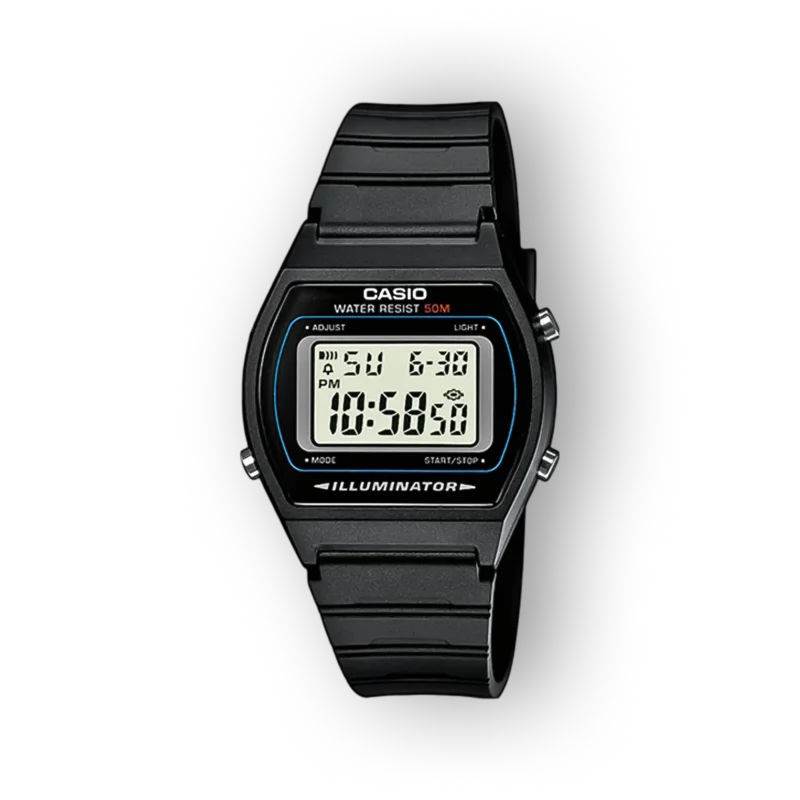 Fekete, digitális Casio karóra, vízálló 50 m, világító funkcióval, LCD kijelzővel és díszítő kék kerettel.