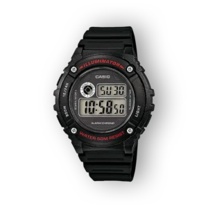 Fekete, digitális Casio karóra, piros részletekkel; vízállóság 50 m; világító funkcióval, chrono és ébresztő beállításokkal.
