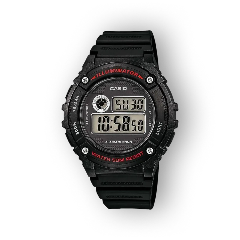 Fekete, digitális Casio karóra, piros részletekkel; vízállóság 50 m; világító funkcióval, chrono és ébresztő beállításokkal.