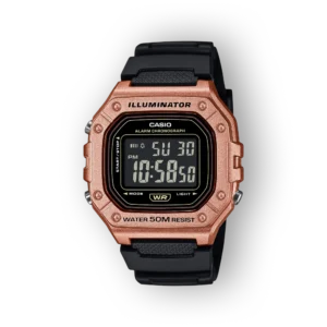 Réz színű Casio digitális óra fekete szíjjal, világos számjelenítéssel, vízállóság 50 méterig, háttér fekete.