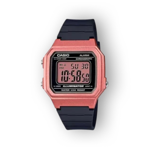Rózsaszín fém házú Casio digitális óra, fekete szilikon szíjjal, világító kijelzővel, vízállóság 50 méterig.