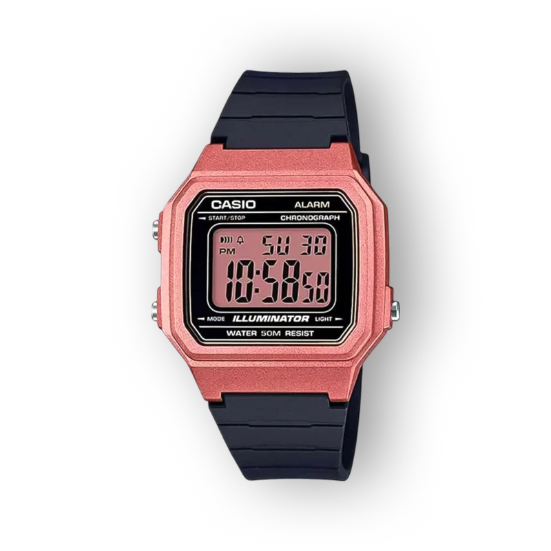 Rózsaszín fém házú Casio digitális óra, fekete szilikon szíjjal, világító kijelzővel, vízállóság 50 méterig.