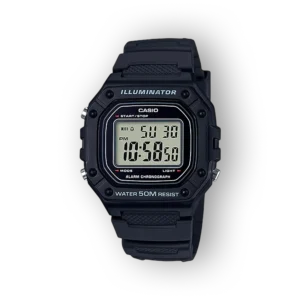 Fekete, digitális Casio óra, világító funkcióval, vízálló 50 méterig, fehér LCD kijelző különböző funkciók kijelzésével.