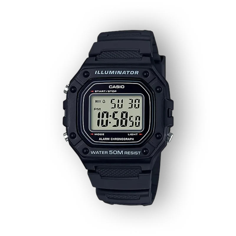 Fekete, digitális Casio óra, világító funkcióval, vízálló 50 méterig, fehér LCD kijelző különböző funkciók kijelzésével.