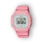 Rózsaszín, digitális Casio karóra, világító funkcióval és 50 méter vízállósággal, analóg és digitális kijelzővel.