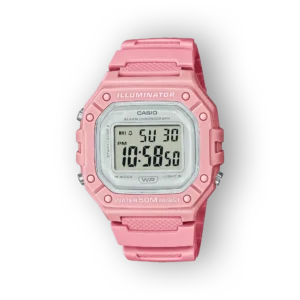 Rózsaszín, digitális Casio karóra, világító funkcióval és 50 méter vízállósággal, analóg és digitális kijelzővel.