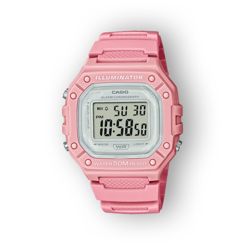 Rózsaszín, digitális Casio karóra, világító funkcióval és 50 méter vízállósággal, analóg és digitális kijelzővel.