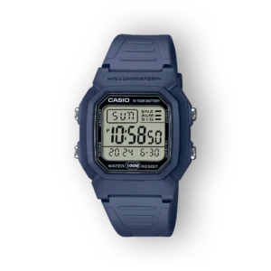 Casio digitális óra sötétkék szíjjal, fekete háttér előtt. Az idő 10:58:50, vízálló 100 méterig, 10 éves akkumulátor.
