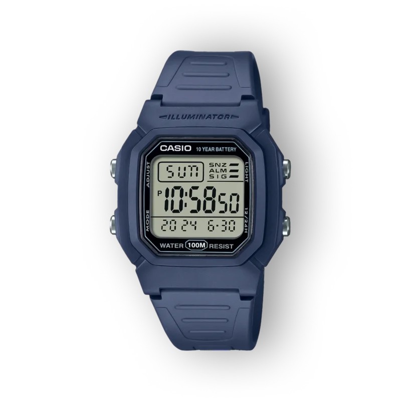 Casio digitális óra sötétkék szíjjal, fekete háttér előtt. Az idő 10:58:50, vízálló 100 méterig, 10 éves akkumulátor.
