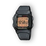 Fekete, digitális Casio óra, aranyszínű számlappal, vízálló 100 m, 10 éves akkumulátor élettartam, hátul világító funkcióval.