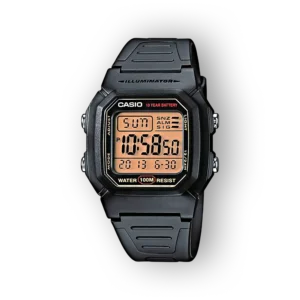 Fekete, digitális Casio óra, aranyszínű számlappal, vízálló 100 m, 10 éves akkumulátor élettartam, hátul világító funkcióval.
