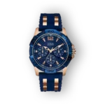 Kék, rozsdamentes acél és szilikon karóra aranyszínű részletekkel, nap és hét napjainak kijelzőjével.