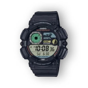 Fekete szíjjal és digitális kijelzővel rendelkező Casio karóra, vízálló 100m, három riasztóval és hal- és holdfázis mutatóval.