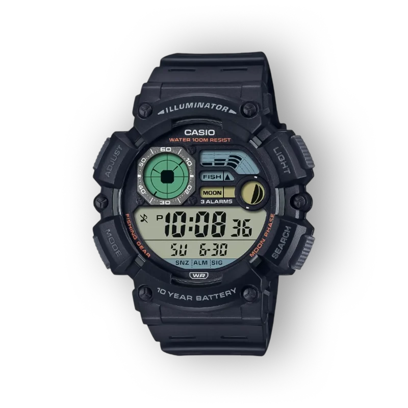 Fekete szíjjal és digitális kijelzővel rendelkező Casio karóra, vízálló 100m, három riasztóval és hal- és holdfázis mutatóval.
