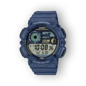 Kék színű Casio digitális óra, vízálló 100 méterig, többfunkciós kijelzővel, halászati és holdfázis információkkal.