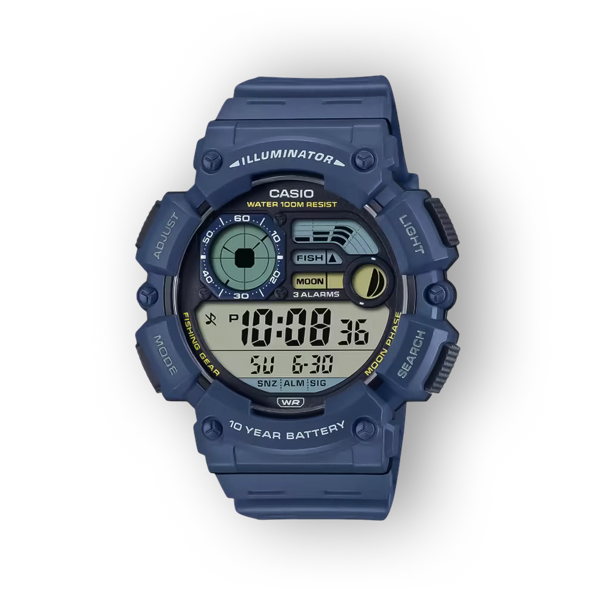 Kék színű Casio digitális óra, vízálló 100 méterig, többfunkciós kijelzővel, halászati és holdfázis információkkal.