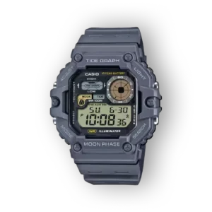 Szürke Casio digitális óra, többfunkciós kijelzővel, holdfázis és árapály grafikon funkciókkel. Fekete háttér.