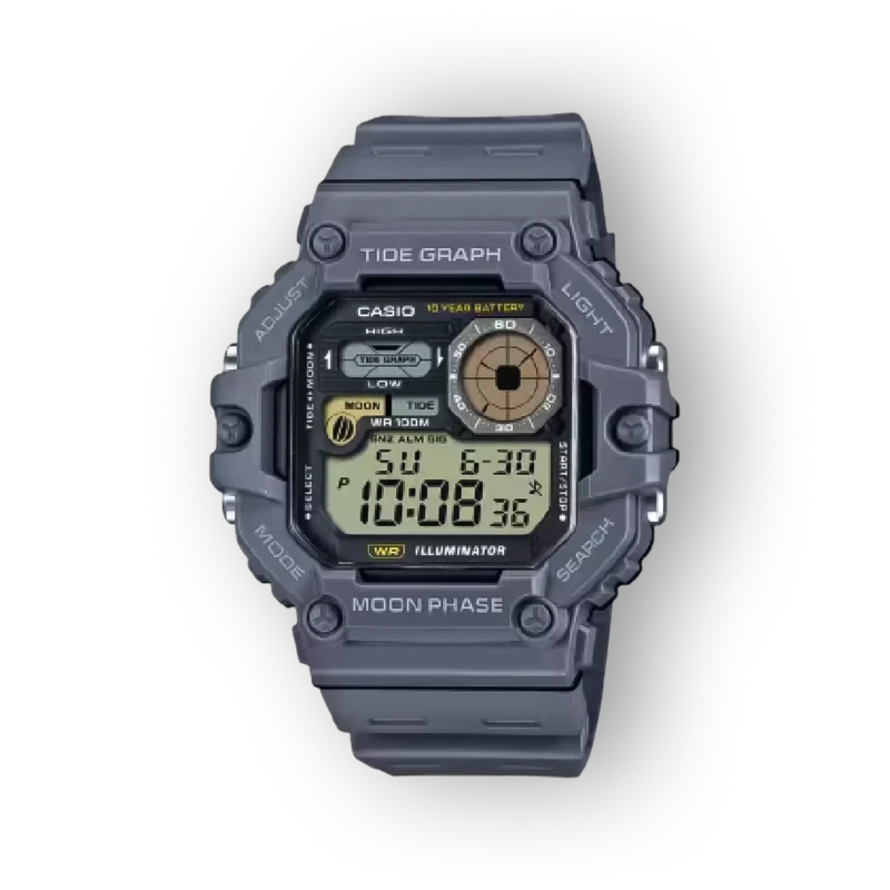 Szürke Casio digitális óra, többfunkciós kijelzővel, holdfázis és árapály grafikon funkciókkel. Fekete háttér.