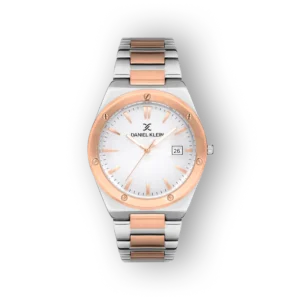 Ezüst és rose arany színű férfi karóra, fehér számlappal, dátum kijelzővel és modern, sportos kialakítással.