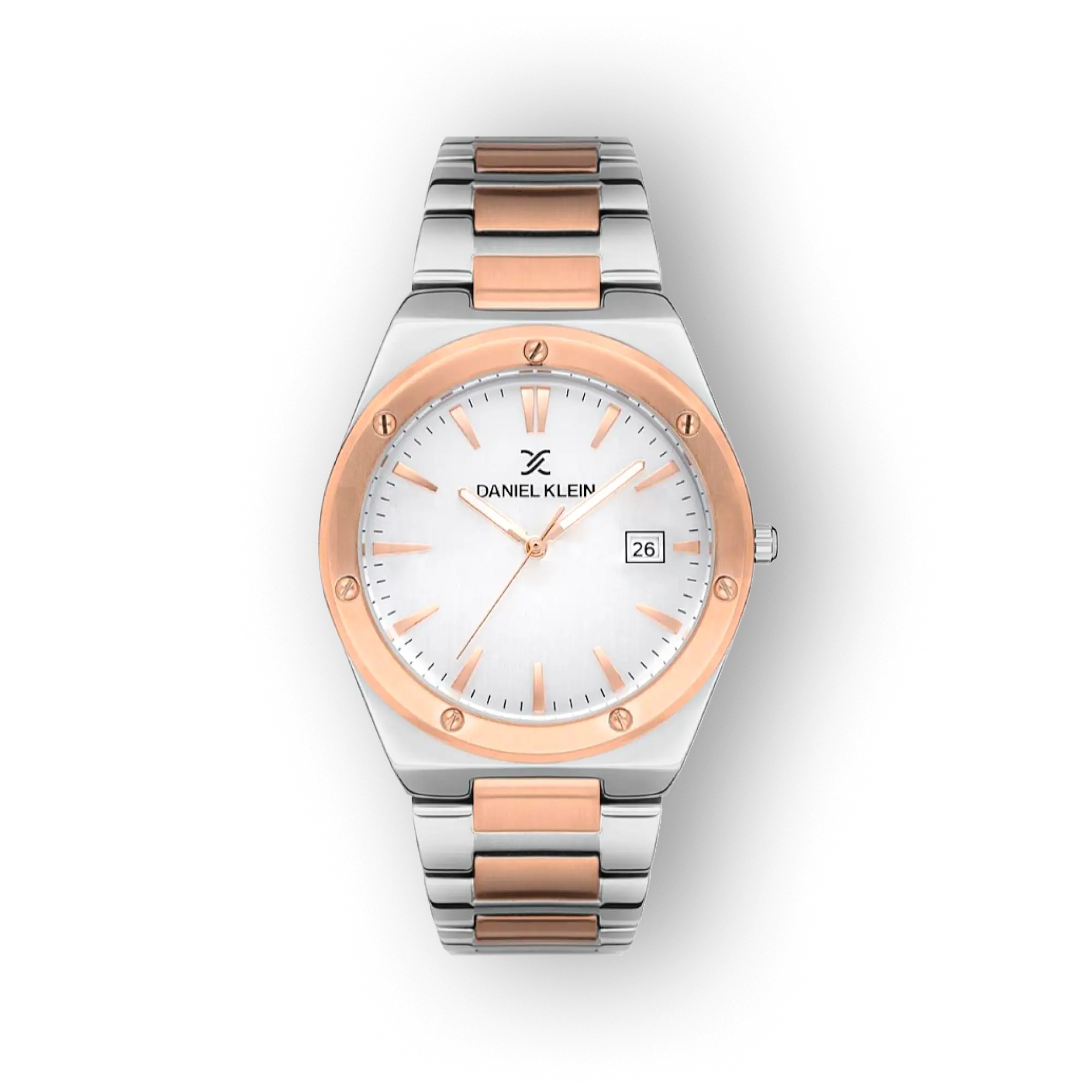 Ezüst és rose arany színű férfi karóra, fehér számlappal, dátum kijelzővel és modern, sportos kialakítással.