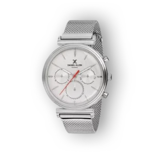 Ezüst karóra, fehér számlappal, három kismutatóval és piros másodpercmutatóval, hálós fém szíjjal. Daniel Klein márkájú.