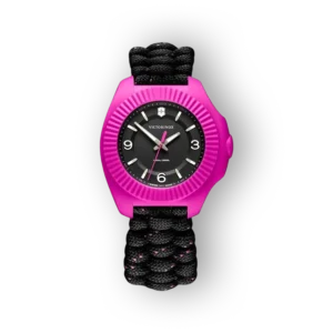 Victorinox karóra, rózsaszín tok, fekete szíjjal.