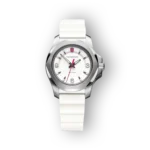 Fehér szíjjal és ezüst tokos Victorinox I.N.O.X. V 241921 óra, világos számlappal és rózsaszín mutatókkal.