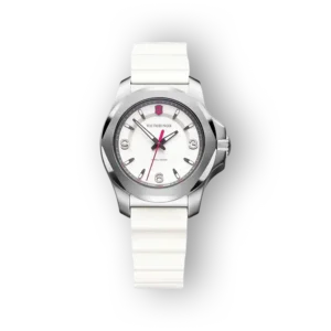 Fehér szíjjal és ezüst tokos Victorinox I.N.O.X. V 241921 óra, világos számlappal és rózsaszín mutatókkal.