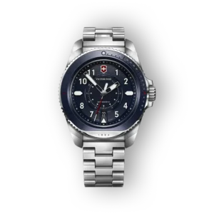 Victorinox karóra sötétkék számlappal és fémszíjjal, modern dizájn és precíz időmérés.