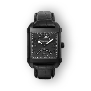 Fekete bőrszíjjal ellátott, szögletes számlapú Canrichard óra.