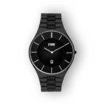 Fekete Storm óra, letisztult designnal és dátumkijelzővel, fényes számlappal és karcsú fém szíjjal.