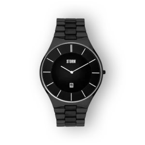 Fekete Storm óra, letisztult designnal és dátumkijelzővel, fényes számlappal és karcsú fém szíjjal.
