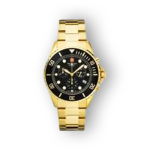 Gold stainless steel watch with a black dial, luminous markers, and a rotating bezel. Features chronograph functions and a date display.