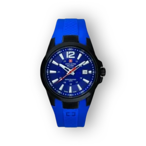 Blue Swiss Alpine Military watch features a dark case, vibrant blue strap, and a textured blue dial with white hour markers and red accents.