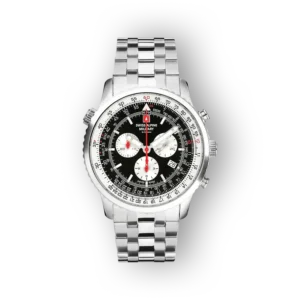 Black dial chronograph watch with silver stainless steel band, featuring three sub-dials, red accents, and date display.