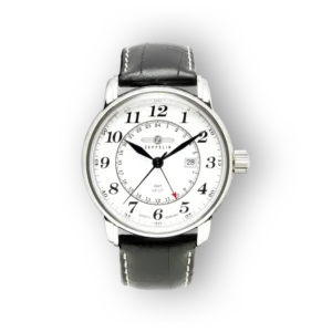 Zeppelin férfi óra fekete bőrszíjjal, előlnézetben.