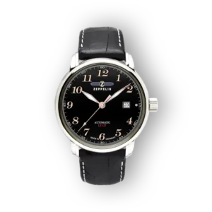 Zeppelin fekete automata karóra, ezüst házzal.