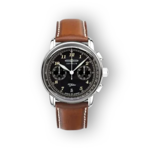 Zeppelin karóra barna bőrszíjjal, fekete számlappal.