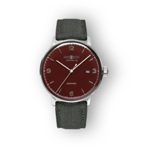 Zeppelin automata óra bordó számlappal és szürke szíjjal.