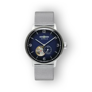 Zeppelin karóra ezüst szíjjal és kék számlappal.