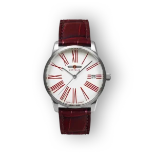 Zeppelin karóra, piros bőrszíjjal és fehér számlappal.