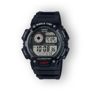 Casio World Time fekete digitális karóra előlnézetben.