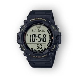 Casio digitális karóra fekete szíjjal, elölnézetben